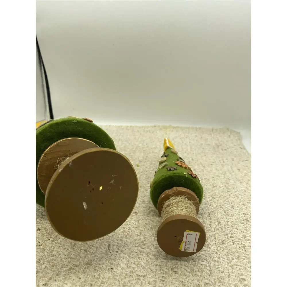 Set Of Two Crafted Button Christmas Trees. Cloth, Buttons, And Wood